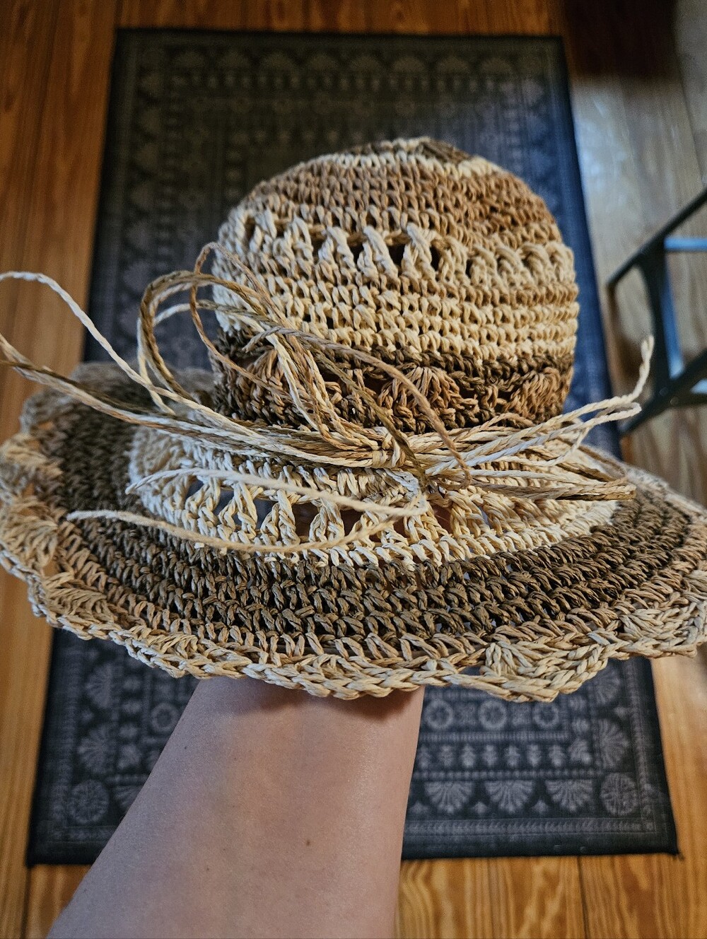 Crochet Straw Sun Hat in Natural Beige and Brown